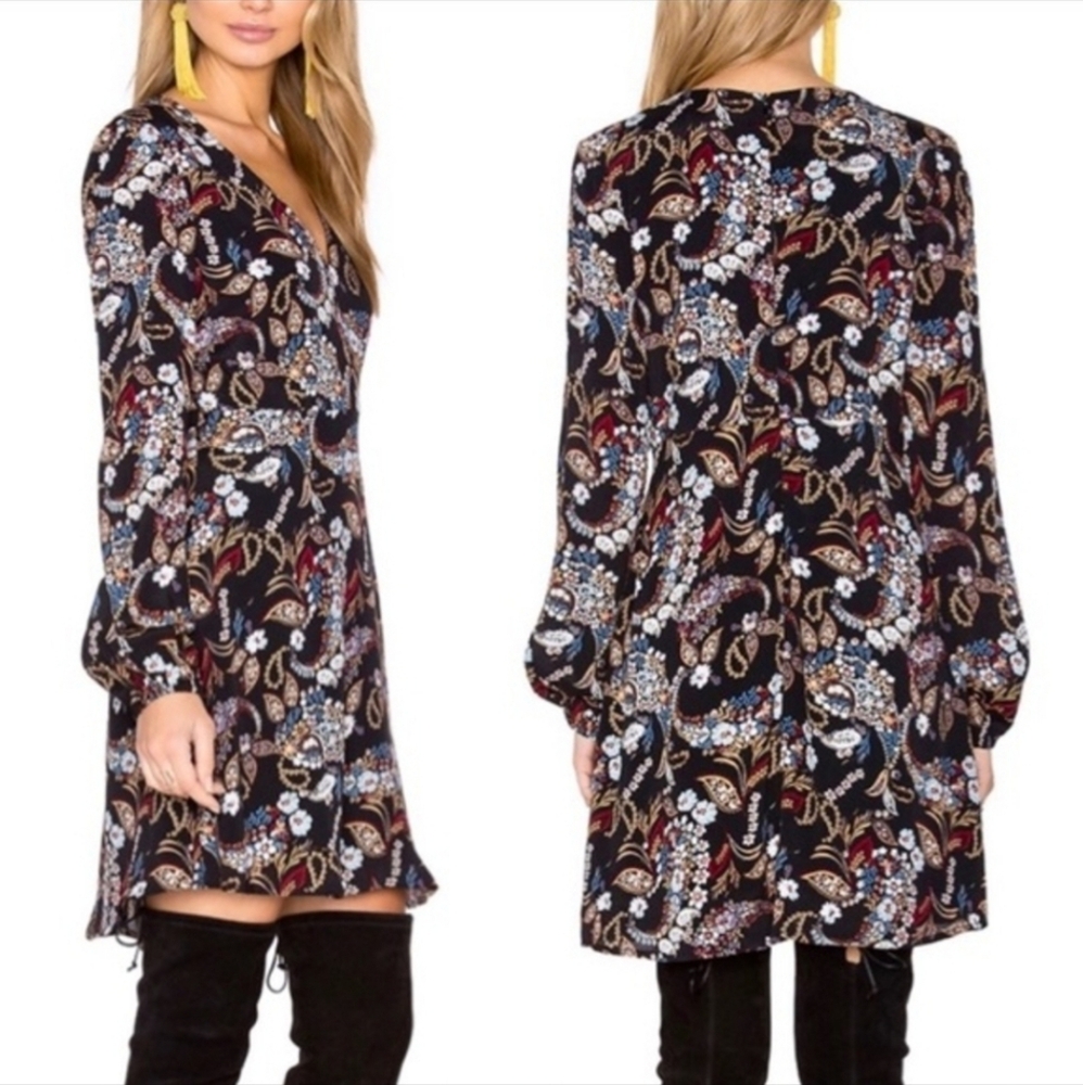 Wayf Floral Vneck Bishop Sleeve Multi Color Midi Dress Large